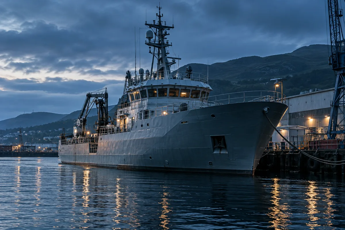 Illustrative research vessel moored at a coastal shipyard